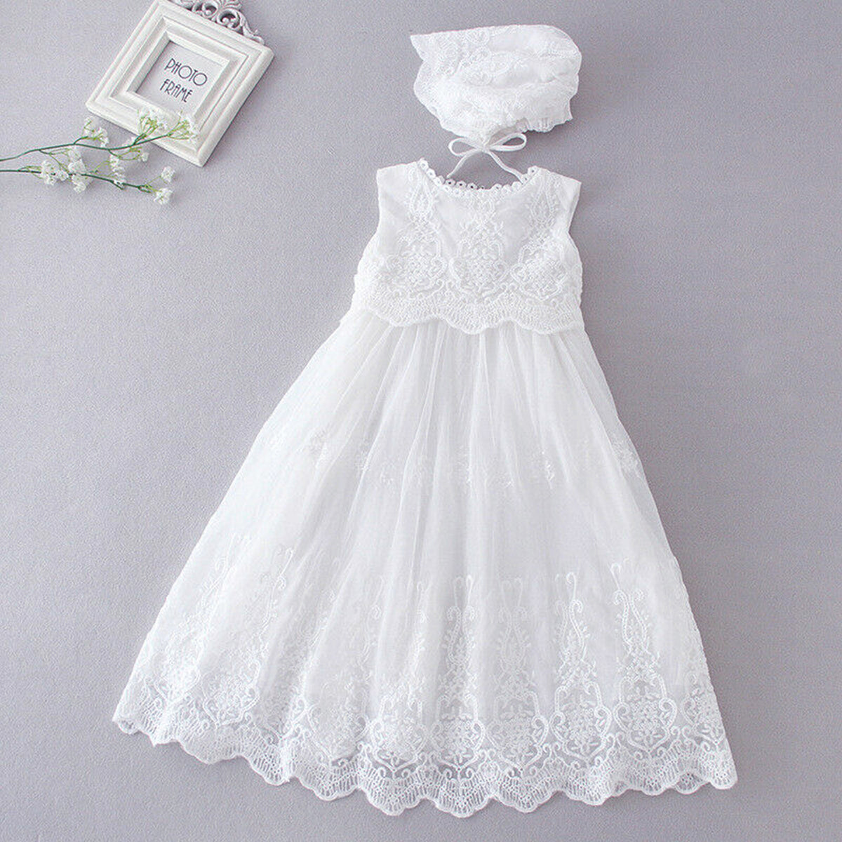 Floral Lace Christening Gown with Bonnet