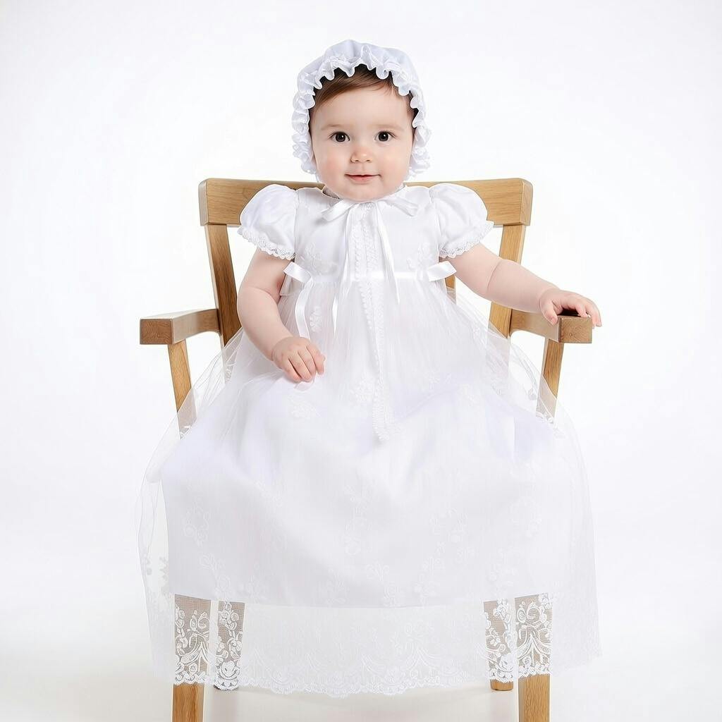 Lace Long Christening Gown with Bonnet - Off White