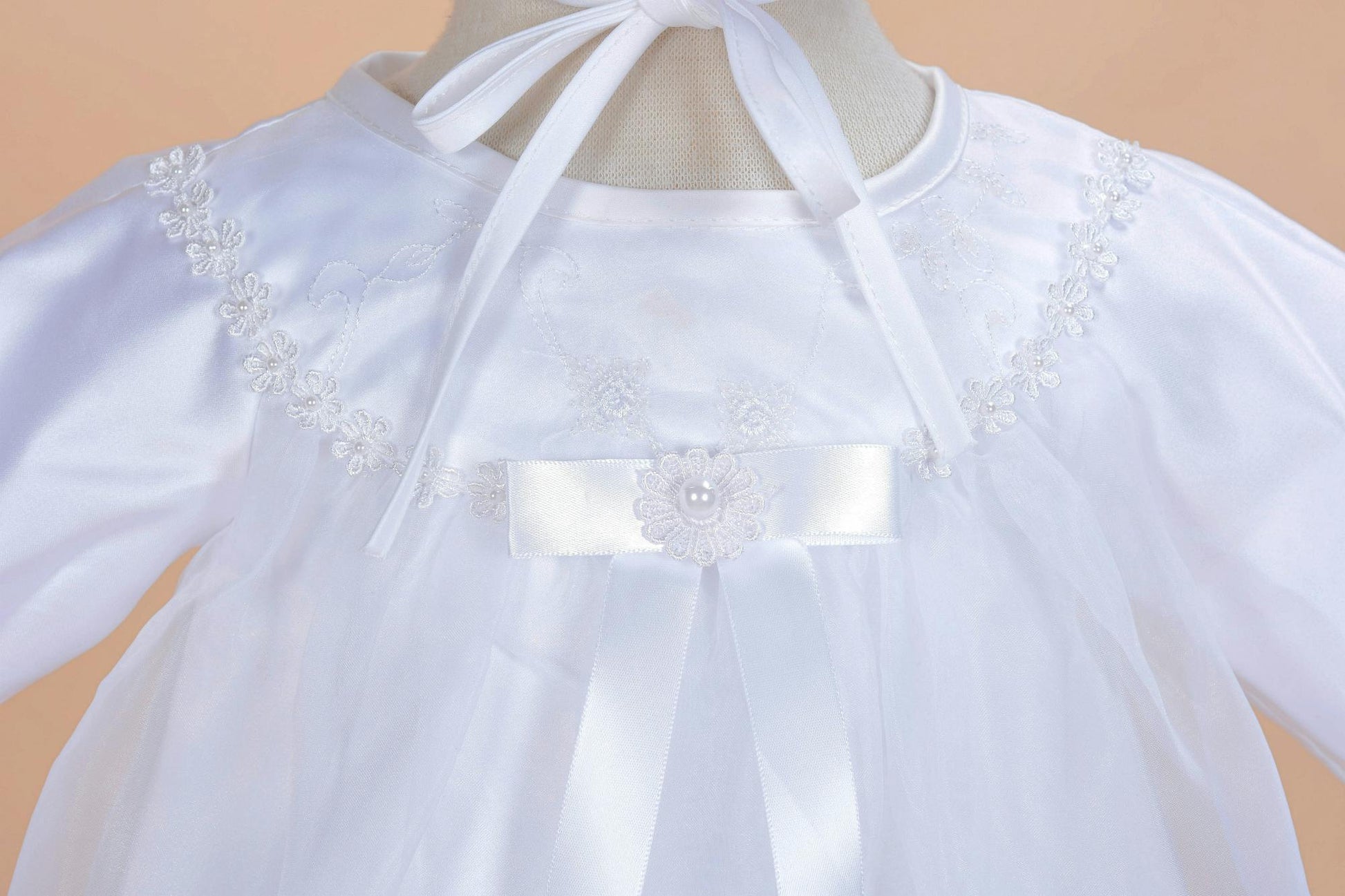 Long Sleeves Satin Christening Long Gown and Bonnet