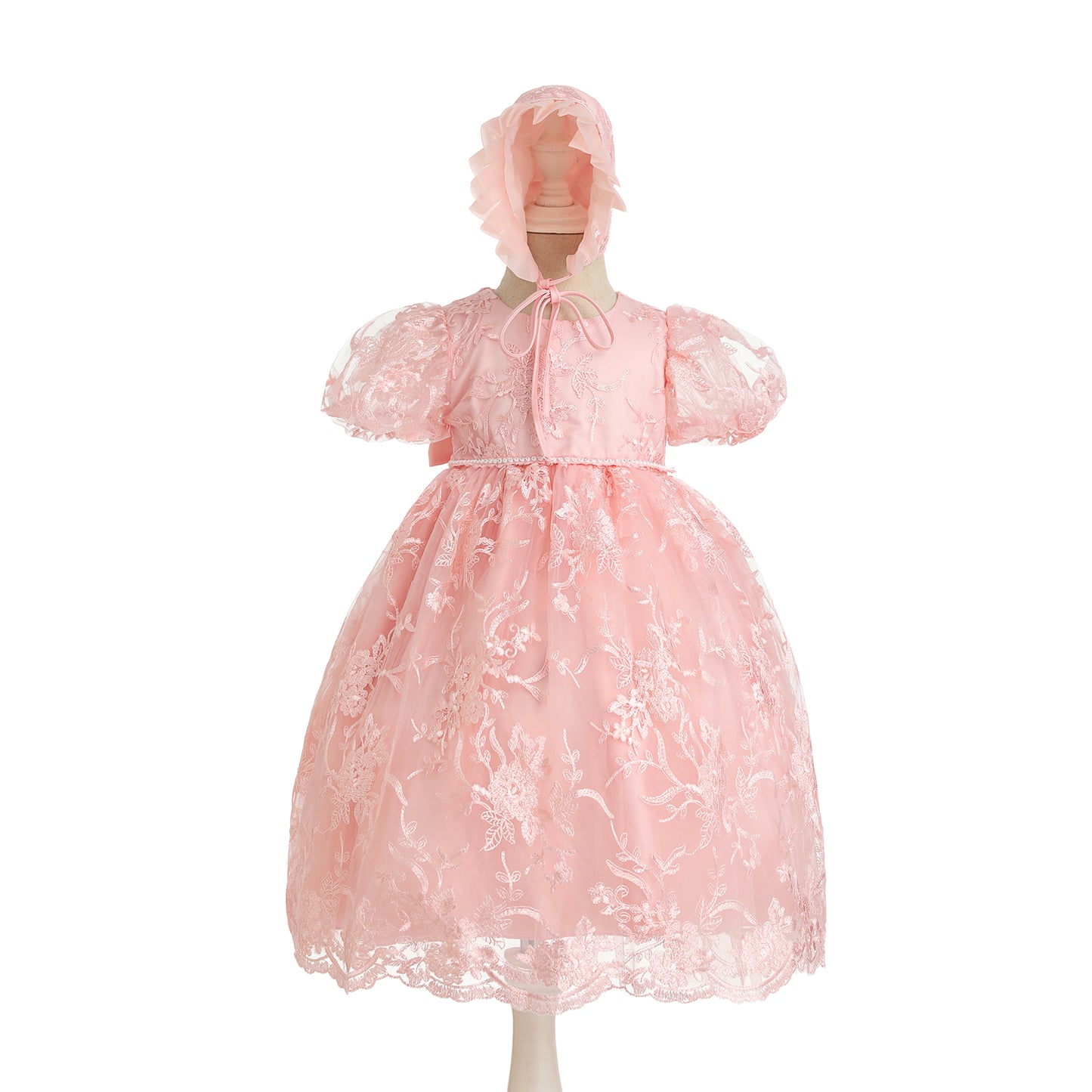 Lace Christening Gown Party Dress with Bonnet