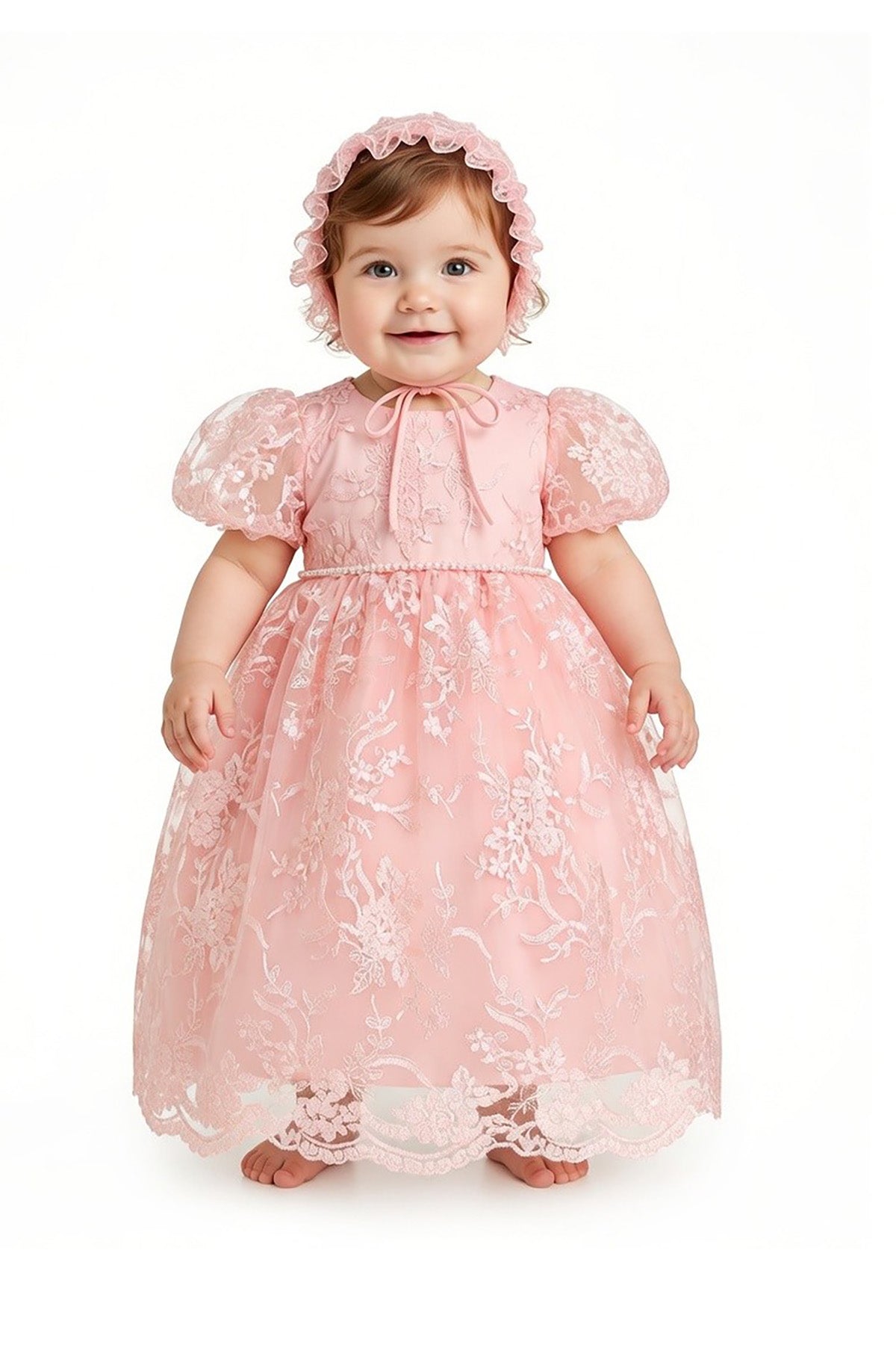 Lace Christening Gown Party Dress with Bonnet
