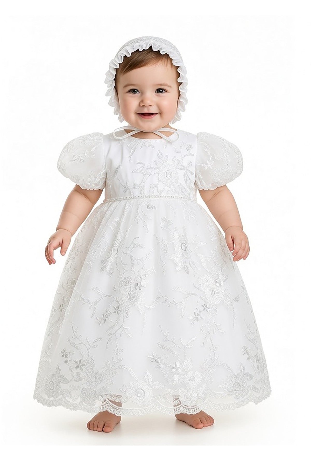 Lace Christening Gown Party Dress with Bonnet