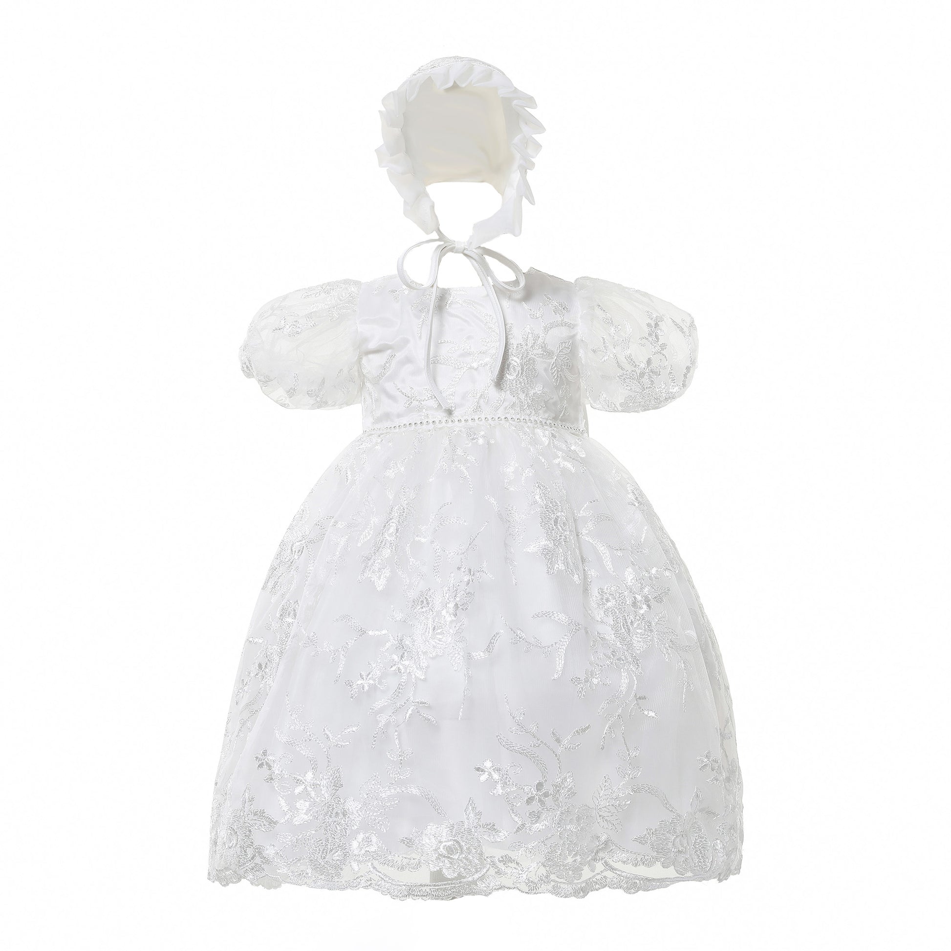 Lace Christening Gown Party Dress with Bonnet