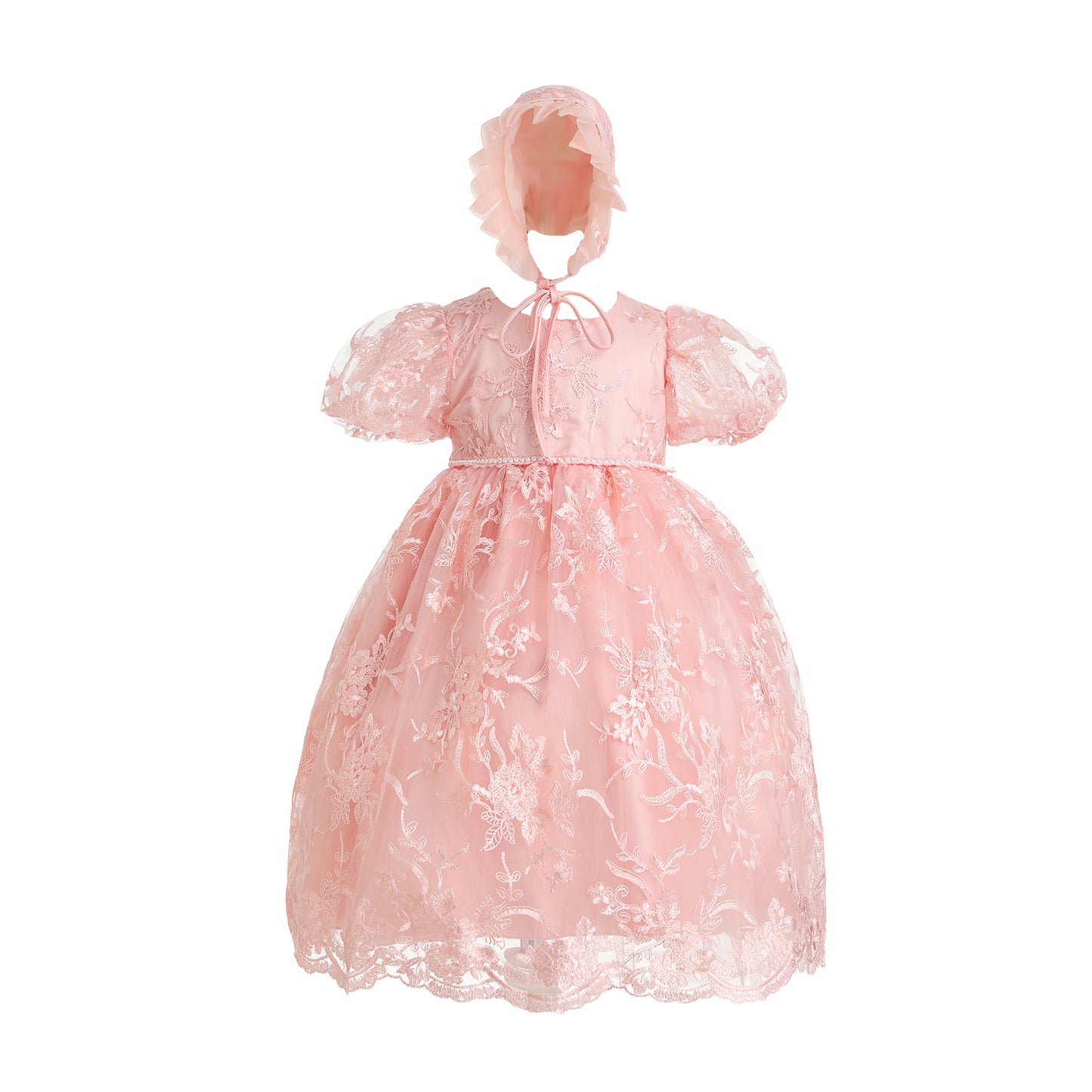 Lace Christening Gown Party Dress with Bonnet