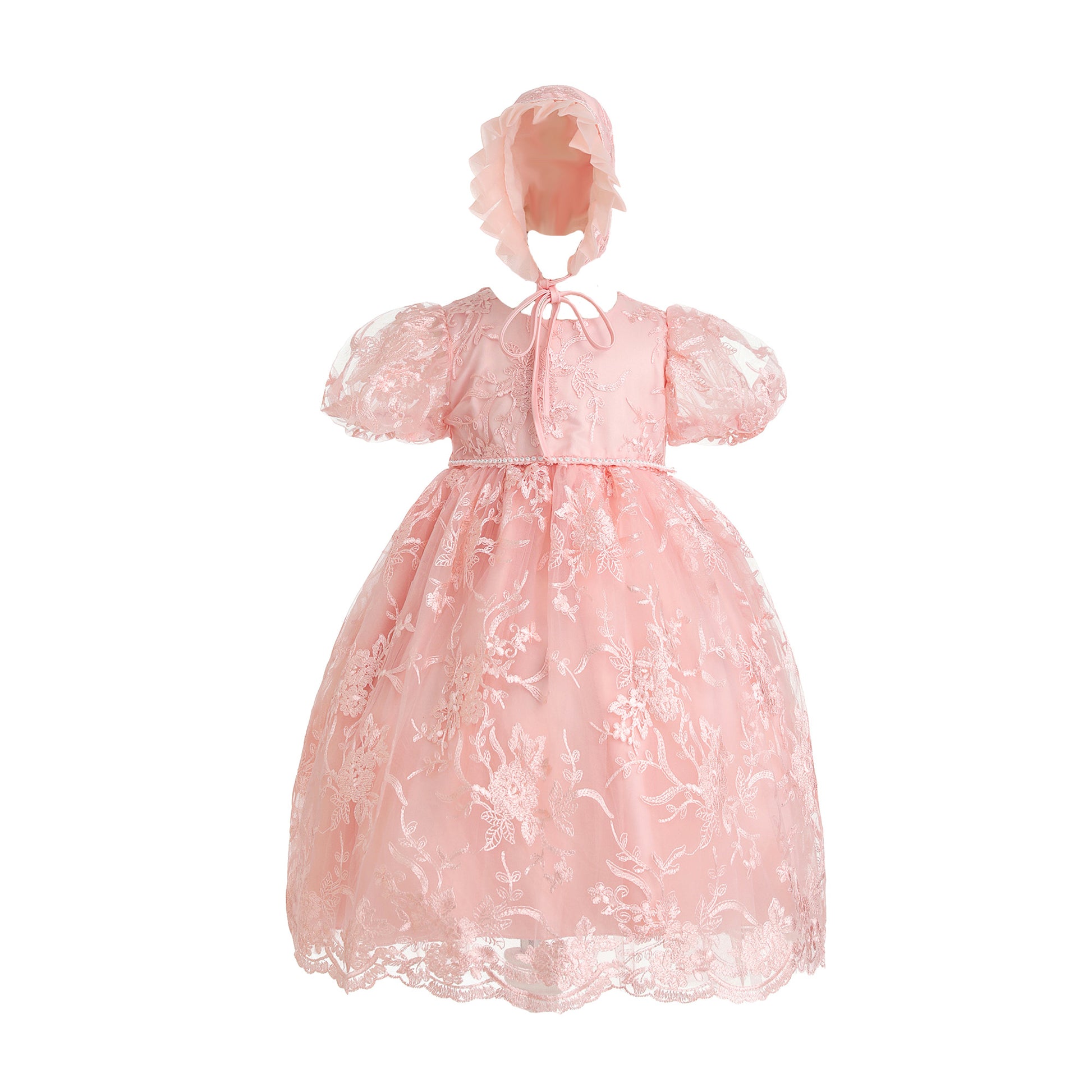 Lace Christening Gown Party Dress with Bonnet