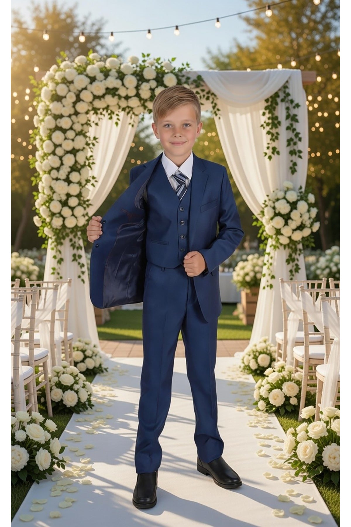 Boys Dark Blue Check 5 Piece Suit – Page Boy, Wedding & Prom Suit with Waistcoat, Shirt & Tie – Age 2–15