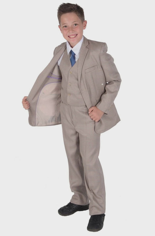 Boys Beige Check 5 Piece Suit – Page Boy, Wedding & Prom Suit with Waistcoat, Shirt & Tie – Age 2–15