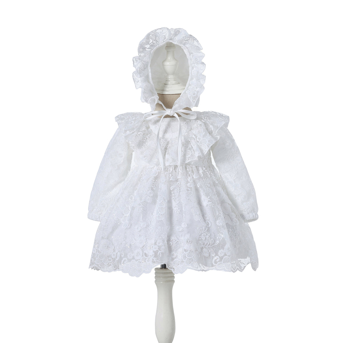 Sequin and Lace Christening Party Dress with Bonnet